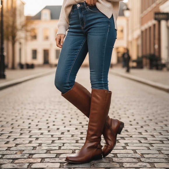 Frye Shoes - Frye Jordan Strap Cognac Leather Tall Riding Boots